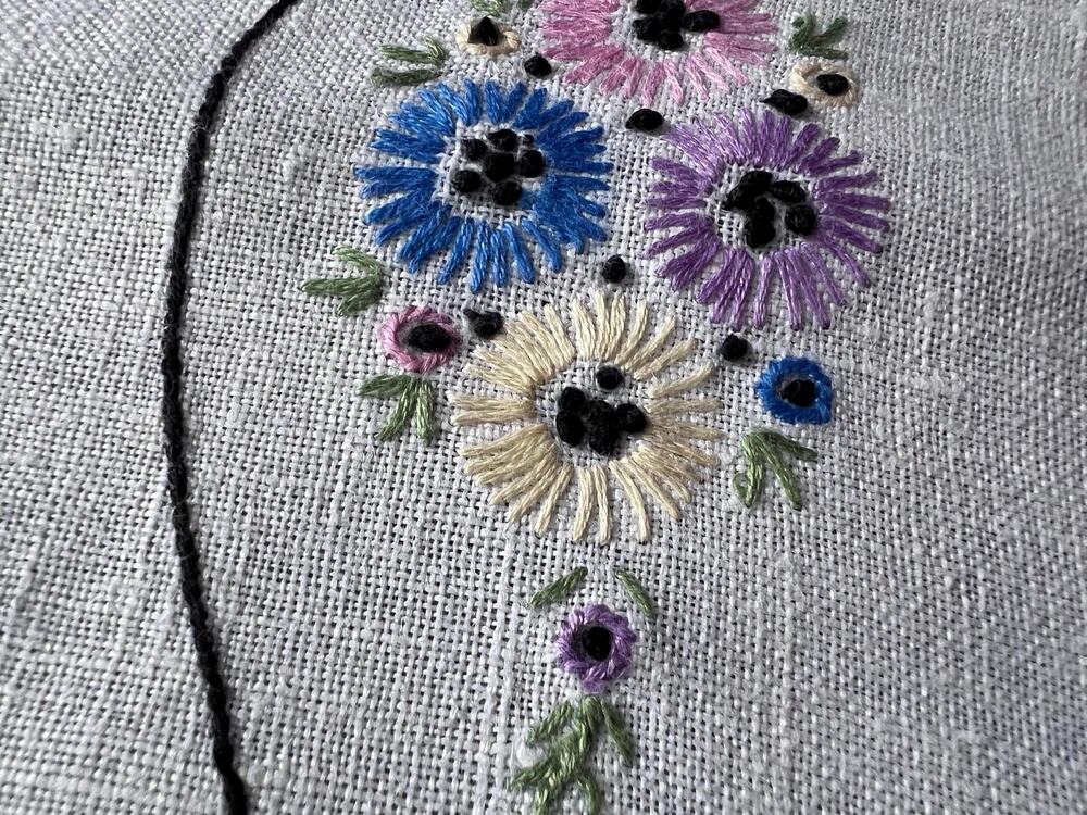 Vintage Hand Embroidered Linen Table Runner, Floral Cottagecore Linen